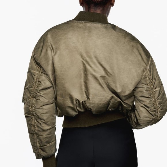 NWT ZARA DISTRESSED EFFECT NYLON BOMBER KHAKI - Picture 4 of 6
